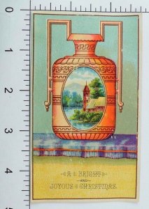 1880's-90's Victorian Christmas Trade Card Beautiful Urn Lake Scene P62