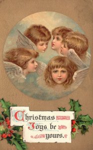 Vintage Postcard 1912 Christmas Joys Be Yours Five Angel Faces Holiday Greetings