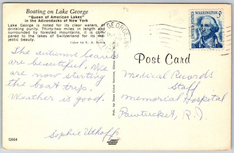 Lake George New York 1968 Postcard Boating on Lake George in Adirondacks