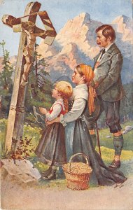 Alpine Family Praying at Crucifix c1910 Religious Postcard