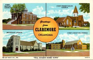 Oklahoma Claremore Greetings Showing First Baptist Presbyterian Methodist & C...
