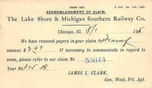 Acknowledgement of Claim The Lake Shore & Michigan Southern Railway Chicago T...