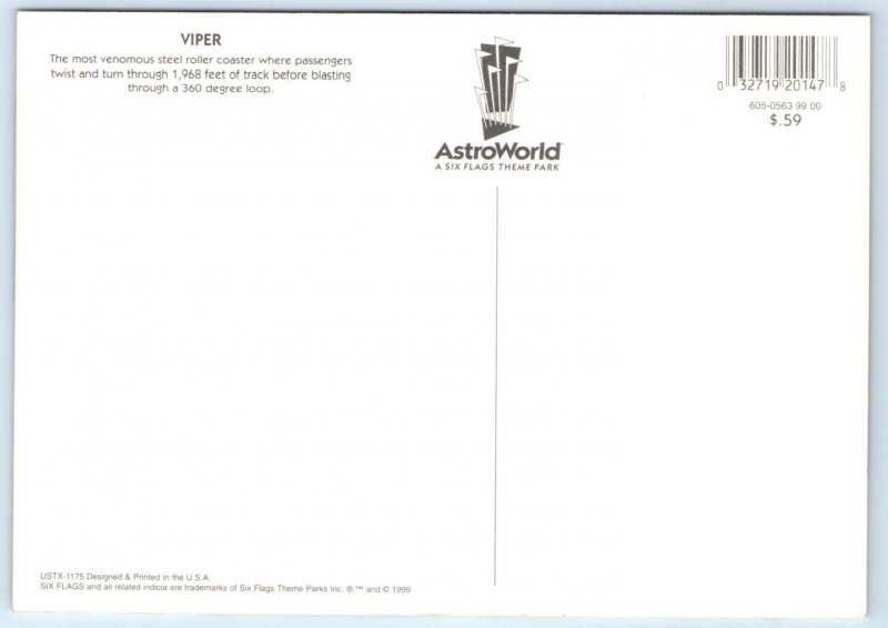 ASTROWORLD, Houston TX ~ Amusement Park VIPER Roller Coaster 5x7~1999 Postcard