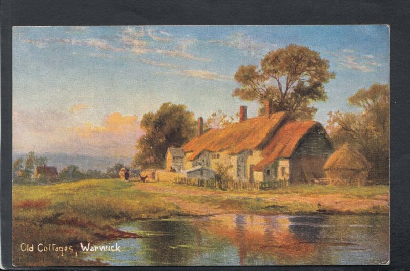 Warwickshire Postcard - Artist View of Old Cottages, Warwick    T9456