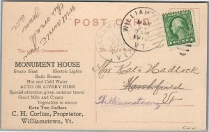 WILLIAMSTOWN VT MONUMENT HOUSE ADVERTISING ANTIQUE POSTCARD