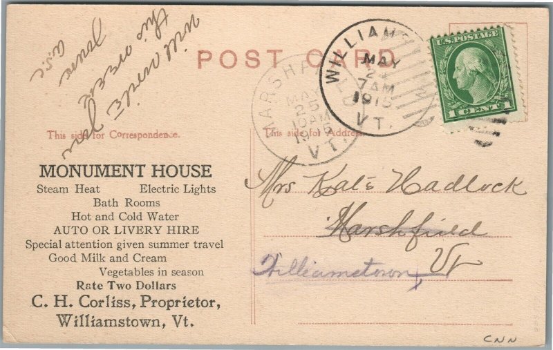 WILLIAMSTOWN VT MONUMENT HOUSE ADVERTISING ANTIQUE POSTCARD