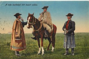 Postcard Hungarian Cowboy Smokes a Pipe A Horse Brought News From The Paddock