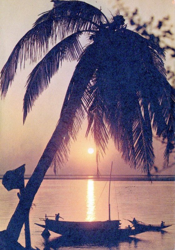 VINTAGE CONTINENTAL SIZE POSTCARD SUNSET FISHING BOAT BANGLADESH