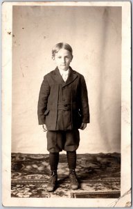 6 Year Old Little Boy Black Suit Photograph Whole Body Picture RPPC Postcard