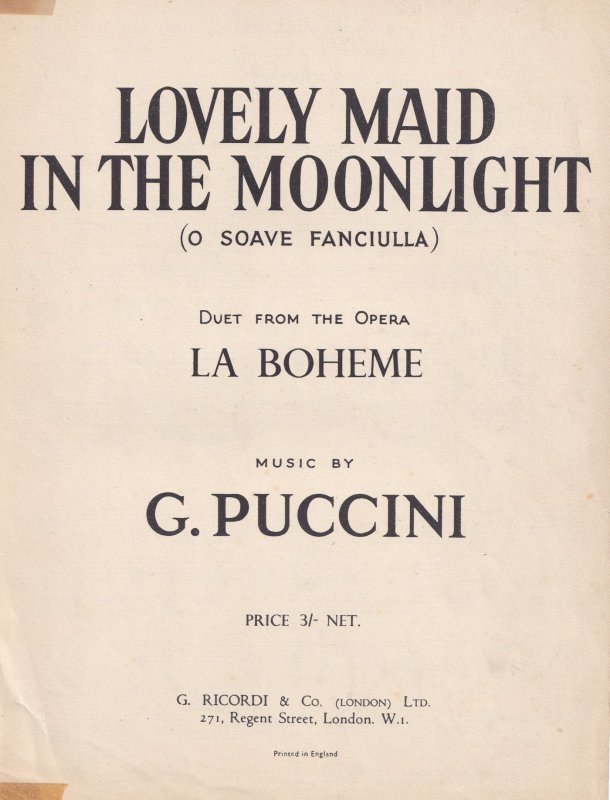 Lovely Maid In The Moonlight La Boheme Puccini Olde Sheet Music