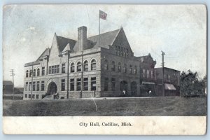 1908 Cadillac Michigan Vintage Postcard City Hall Building Exterior View Posted