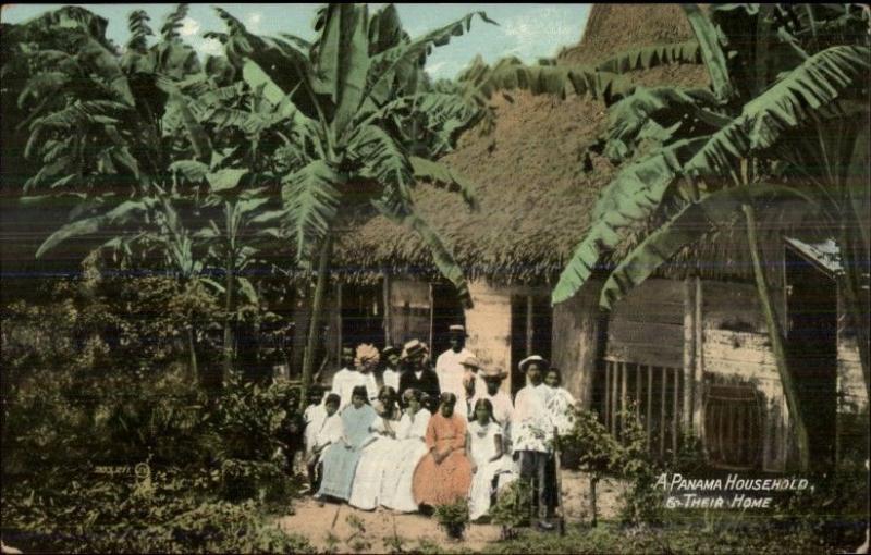 Panama - Native Household Thatch Home & Family c1910 Postcard