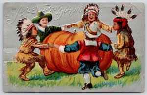 AMP Thanksgiving~Pilgrim & Indian Boys Dance Around Huge Pumpkin~Silver Back Emb 