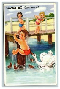 Vintage 1959 Postcard Swan Tries to Take off Pants of Cute Child Swimmer FUNNY