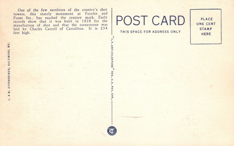 Vintage Postcard 1920's Shot Tower Fayette and Front Streets Baltimore Maryland