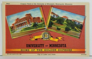 MN University of Minnesota Home of the Golden Gophers Linen Postcard P4