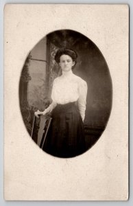 RPPC Edwardian Woman with Chair Studio Photo Postcard D27