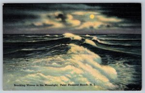 Breaking Waves In The Moonlight, Point Pleasant Beach New Jersey, Linen Postcard