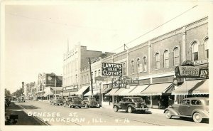 RPPC Postcard; Genesee Street Scene, Waukegan IL Vogel 4-16, Signs, Cool Cars