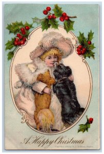 De Lamere North Dakota ND Postcard Christmas Girl And Dogs Holly Berries Antique