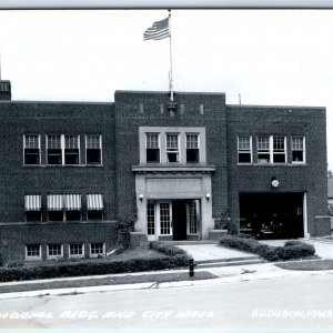 c1950s Audubon, IA RPPC Memorial Building City Hall Fire House Engine Photo A108