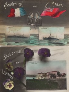 Souvenirs De Lemnos Malta 2x Real Photo Military Flag Postcard s