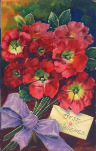 Best Wishes~BOUQUET POPPIES IN LAVENDER RIBBON~GOLD~Antique GEL Postcard~Germany