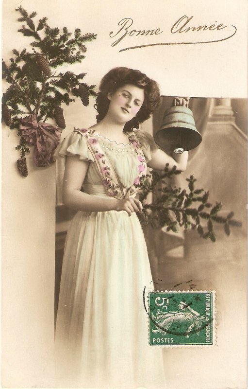 Lady with pinetree branch, ringing the bell Vintage French New Year Greeting p