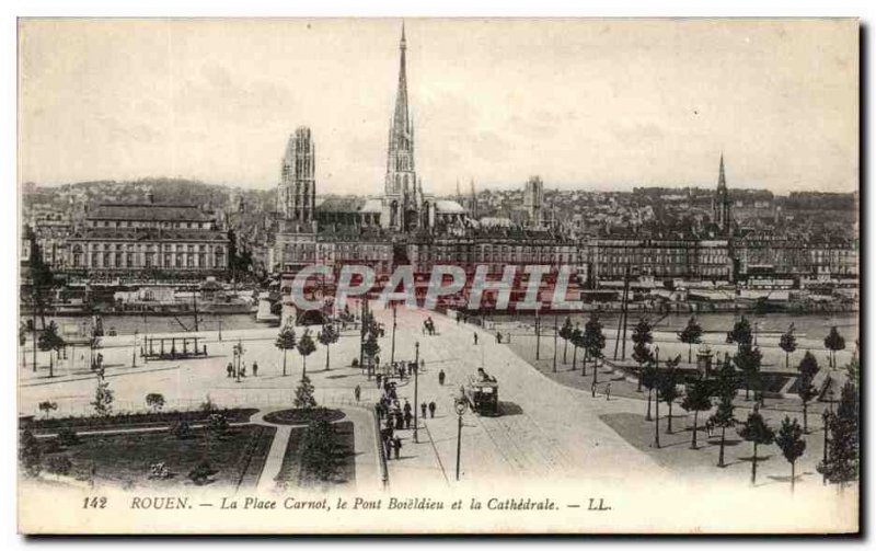 Old Postcard Rouen Place Carnot the Boieldieu Bridge and Cathedral