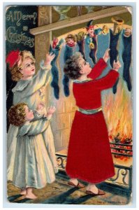 Christmas Mother And Daughter Stockings Full Of Toys Fireplace Silk Postcard