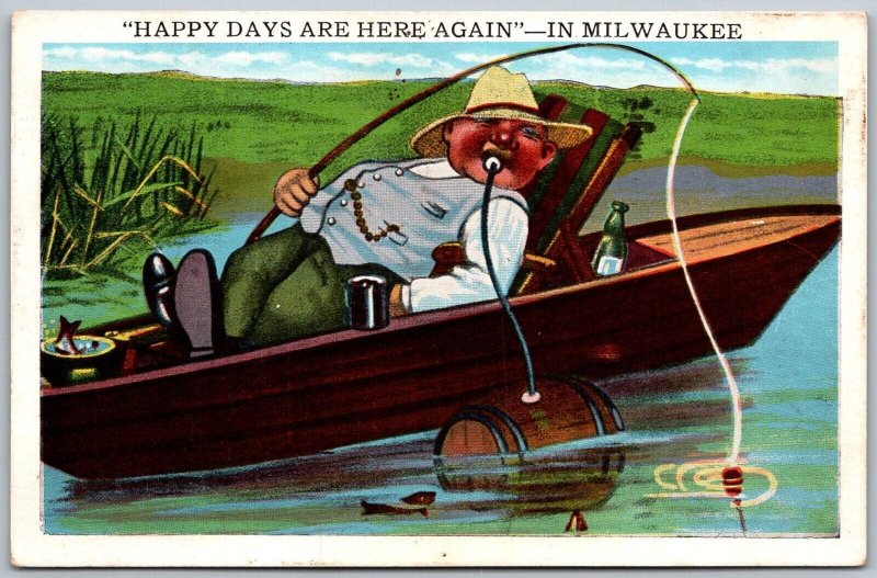Milwaukee Wisconsin 1933 Comic Postcard Drunk Fishing Boat Beer Keg
