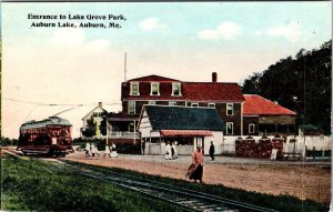 Auburn, ME Maine  LAKE GROVE PARK Entrance~Trolley/People~Kids ca1910's Postcard