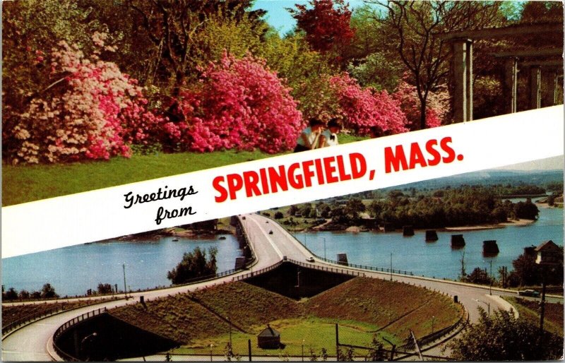 Greetings Springfield MA Dual View Forest Park Garden S End Bridge Postcard UNP 