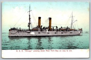 US Navy  USS Chicago   Passing Down New York Bay  Postcard  c1905