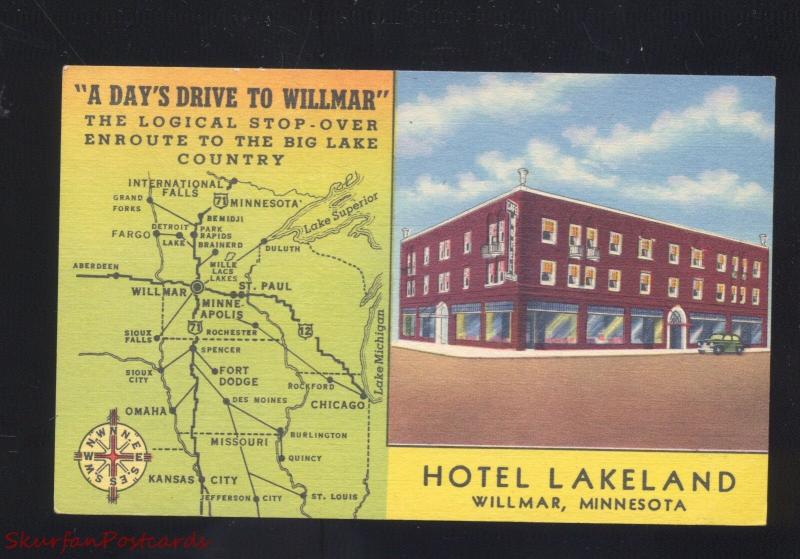 WILLMAR MINNESOTA HOTEL LAKELAND MAP VINTAGE LINEN ADVERTISING POSTCARD