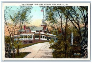 1924 Car Entrance Casino Riverton Park Building View Flag Portland ME Postcard