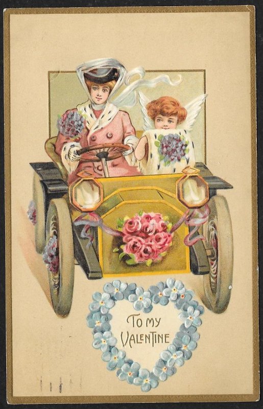 To My Valentine Lady & Cupid Driving Car Used c1910