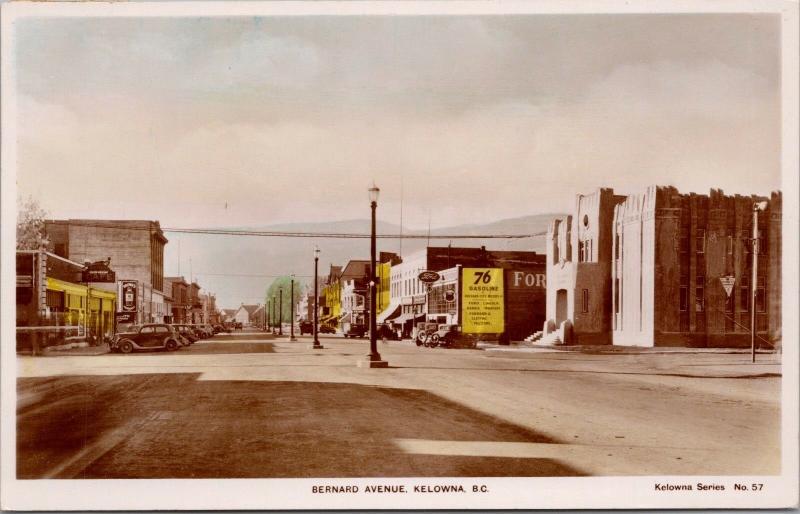 Bernard Avenue Kelowna BC Ford 76 Gasoline Hand Coloured c1950 RPPCPostcard E36