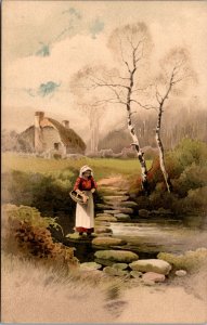 Postcard ART  Girl Cottage Stream Meissner & Buch Wald und Flur