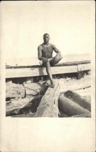 Black Americana Man in Bathing Suit on Dock Unidentified Real Photo Postcard