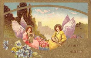 A Happy Eastertide angels harp ukuele flowers city behind antique pc Y13496