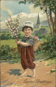 Easter - Little Boy Pussy Willows Basket of Eggs c1905 Embossed Postcard