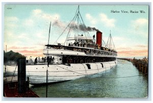 c1950's Harbor View Passenger Ship Boat On Board Smokestacks Racine WI Postcard