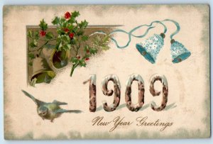 New Year Greetings Ringing Bells And Bird Holly Berries Winsch Back Postcard