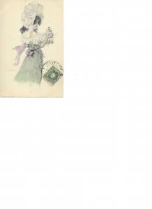 Elegant lady with her pet, puppy Old vintage German artist drawn postcard