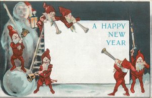 New Years Postcard Gnomes Build Giant Snowman, Make Noise & Fire Pistol S.1318