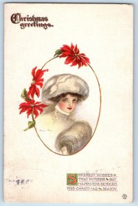 Christmas Postcard Greetings Pretty Girl Handwarmer Poinsettia Flowers 1915