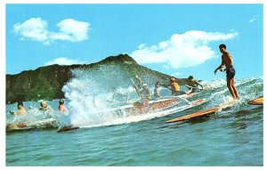 Riding Waves Outrigger Canoes Fun Off Diamond Head Hawaii Postcard