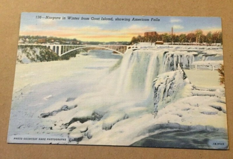 UNUSED LINEN POSTCARD AMERICAN FALLS FR GOAT ISLAND WINTER, NIAGARA FALLS, N.Y.