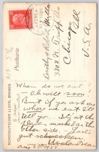 Norddeutscher Lloyd Steamship Stuttgart~Dining Hall~Our Places Marked~c1927 RPPC